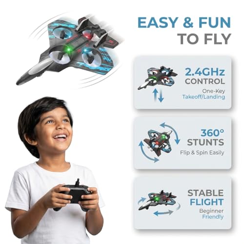 Image of RC Fighter Jet Plane, 2.4G Remote Control Airplane for Kids, LED Lights, 360 Degree Stunt Roll, EPP Material