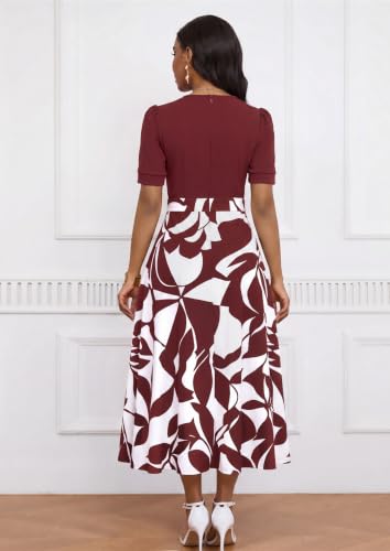 Image of MarryUP Women's Midi Dresses - V Neck Cocktail & Church Tea Dresses - Short Sleeve A-Line Swing Dress