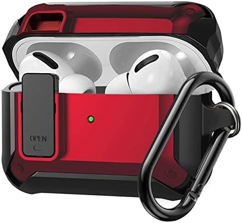 Airpods Pro Case Cover, [Secure Lock] Olytop Armor Full-Body Rugged AirPod Pro Protective Case Men with Carabiner, Cool Air pods Pro Shockproof Shell Case for Apple Airpods Pro 2019 - Black/Red