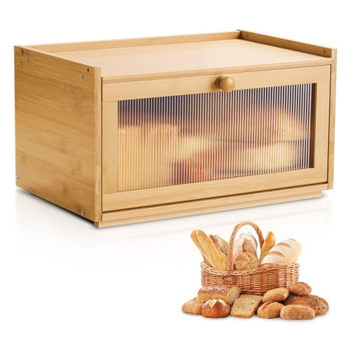 VEVOR Bread Box for Kitchen Counter, Large Capacity Bamboo Bread Storage Container, Farmhouse Wooden Breadbox Organizer for Homemade Bread, Storage Holder Bin with Acrylic Wavy Door Panel, Natural