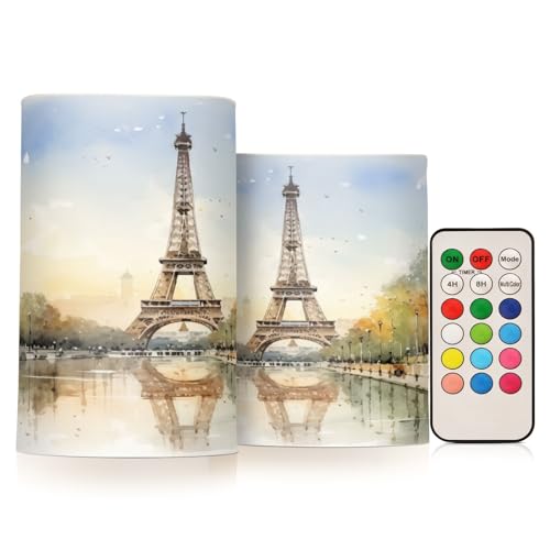 Image of Flickering Flameless Candles, Eiffel Tower Lake LED Candles with Remote Timer, Set of 2 Battery Operated Candle for Valentine Wedding Birthday