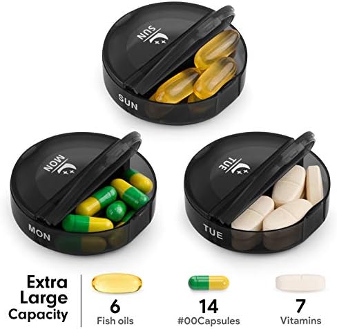 Fullicon PU Case Weekly Pill Box Organiser 2 Times A Day, Travel 7 Day Pill Boxes, Portable Tablet Organiser with Large Compartments for Medicine, Medication, Vitamin, Fish Oil Supplements (Black)