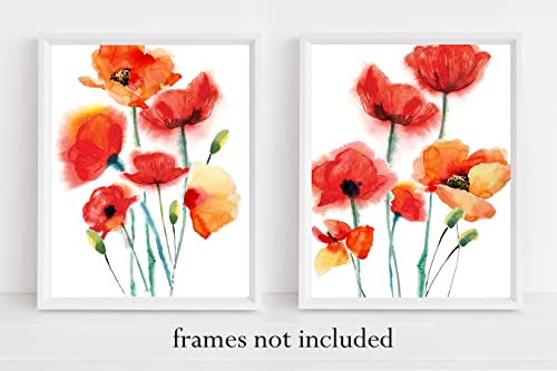 Westbrook Design Studio Red Abstract Poppy Flowers No.14 Wall Art Prints - Set Of 2-11X14 Unframed Watercolor Aesthetic Floral Decor In Colorful Shades Of Red & Orange On White. #TOP6
