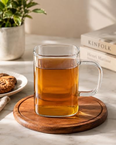 Image of IndusBay Pack of 2, 230 ML Square Borosilicate Glass Tea Cups Clear Glass Tea Coffee Mugs with Handle, Microwave Safe, Clear