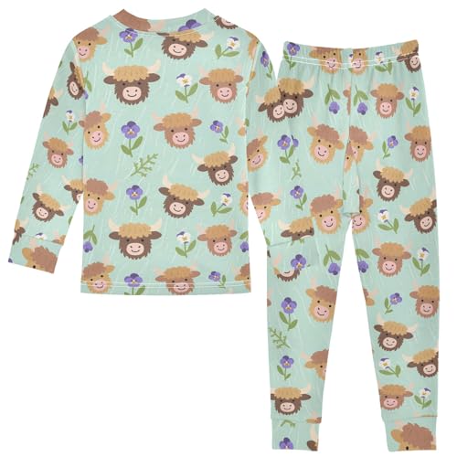 Cartoon Cute Highland Cattle Flowers Cute Pajama Sets Long Sleeve Top and Pants, Snug Fit Sleepwear for Night Wears2