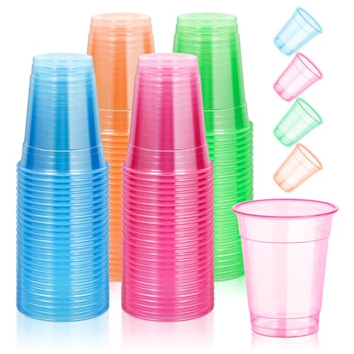KesaPlan 120 vasos de plástico de neón desechables de 12 onzas bajo luz negra UV para decoraciones de fiesta de neón, colorido que brilla en la oscuridad para fiestas rave, Navidad, Acción de Gracias