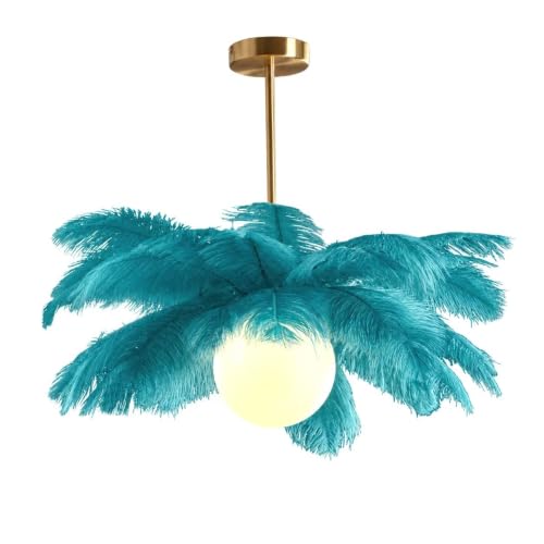 Lámpara de techo de plumas de avestruz azul con base dorada