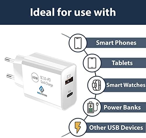 Pipestation® 20W Holiday Charger European USB Plug EU Charger 2 pin 2-pin plug 2 Port USB Charger Travel Adaptor Phone Charger Abroad PD Plug Europe Plug Adapter EU Adaptor Battery Charging Type C