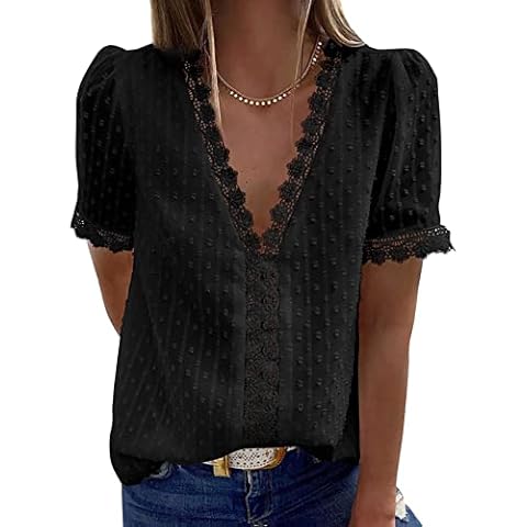 RITOSTA Blouse Women Blouse V Neck Lace Tops Eyelet Casual Short Sleeve Summer Solid Blouses Shirts Lace V-Neck T-Shirt for Women (Black,L Cover