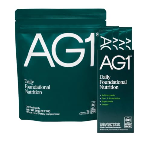 AG1 Greens Powder Supplement, Improve Gut Health, Multivitamin, Probiotic, +75 Vitamins (Refill Pouch + 14ct Travel Pack)