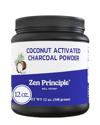Zen Principle Coconut Activated Charcoal Powder. Whitens Teeth, Rejuvenates Skin and Hair, Supports Better Digestion. USA-Owned Producers, Free Scoop, 12 Oz