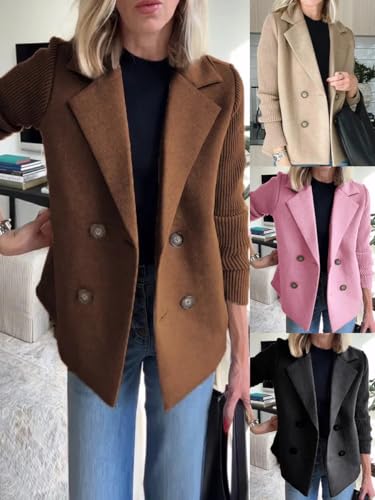 utcoco Women Cropped Wool Coats Notched Lapel Pea Coat Short Jacket Button Down Crop Blazer Jackets with Pockets2