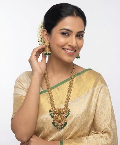 Image of South Indian Traditional Antique Matte Gold Finish Goddess Lakshmi & Peacock Motif Long Necklace Set with Jhumka Earrings for Women | Ethnic Temple Jewellery for Weddings, Brides & Festivals (Green)