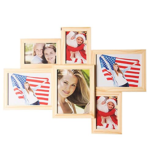 Multimarco de madera MDF para 6 fotos de distintos tamaños, de color claro, de 61,5 x 46,5 x 2 cm. Marco para varias fotos de plástico de bonito diseño. Cuadro con formas verticales y horizontales.