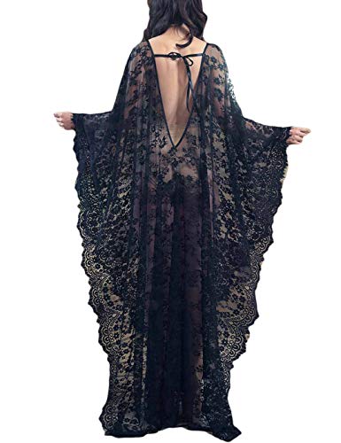 Ailunsnika Sexy Black See Through Backless Lace Beachwear Cover Up Loose Plus Size V Neck Long Sleeve Kaftan Dress