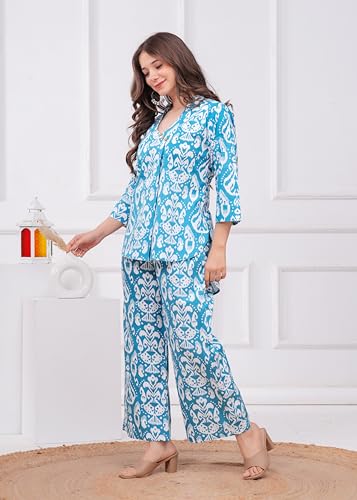 Image of Women's Pure Cotton Co-Ord Set | Three-Quarter Sleeves-Mandarin Collar Top & Palazzos | Printed Casual Wear Co-Ord Set for Women