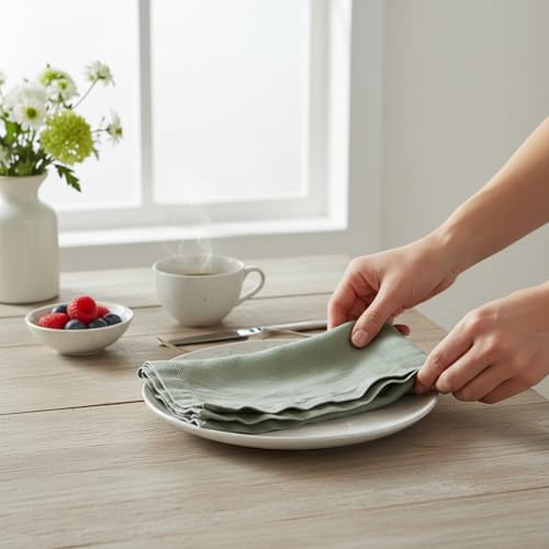 Servilletas de lino verde salvia con esquinas ingletadas para mesa de comedor 6