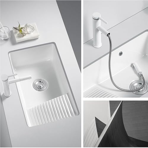 White Ceramic Undermount Utility Sink with Washboard & Stainless Steel Faucet, Perfect for Laundry Rooms & Balconies, 60x40x21cm (23.6x15.7x8.3in)