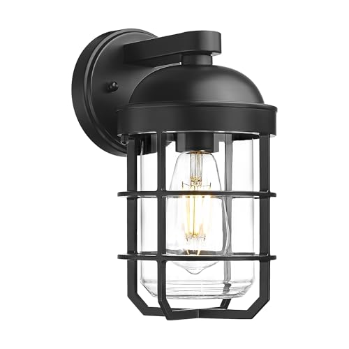 Image of Emliviar 1-Light Outdoor Wall Sconce, Metal Cage Industrial Exterior Wall Light Fixture, Clear Tempered Glass with Black Finish, GE255BL BK