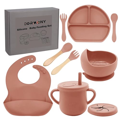 Image of Dormlony 100% Silicone Baby Feeding Set, 9 Pcs: Bib, Divided Plate, Bowl, Sippy Cup, Spoons & Forks (Carrot)