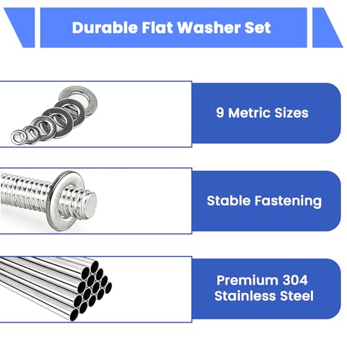 Image of Serplex 900 Pcs 304 Stainless Steel Flat Washers Assorted Kit, 9 Sizes-M2 /M2.5 /M3 /M4 /M5 /M6 /M8 /M10 /M12 Sizes, Metric Washer Set for Screws & Bolts, Corrosion-Resistant Industrial Hardware Accessories