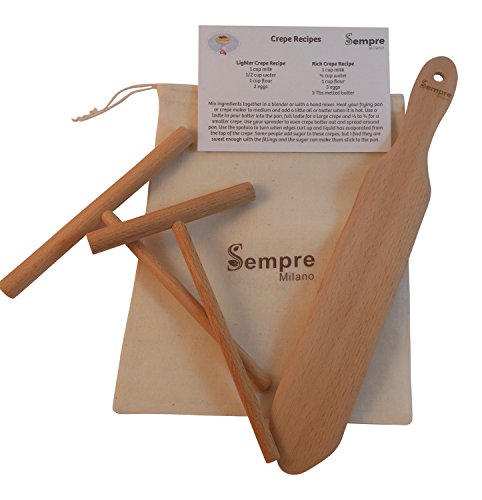 Sempre Crepe Making Kit 3-Piece (5 and 7 Inch Spreaders and 13 Inch Spatula), Natural Beechwood, Includes Storage Bag and Recipe Card