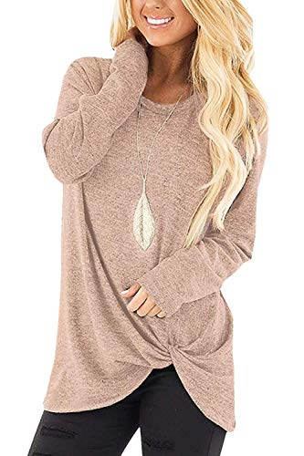 SIEANEAR Long Sleeve T Shirt Casual Fall Twist Knot Tunic Ladies Tops Khaki L