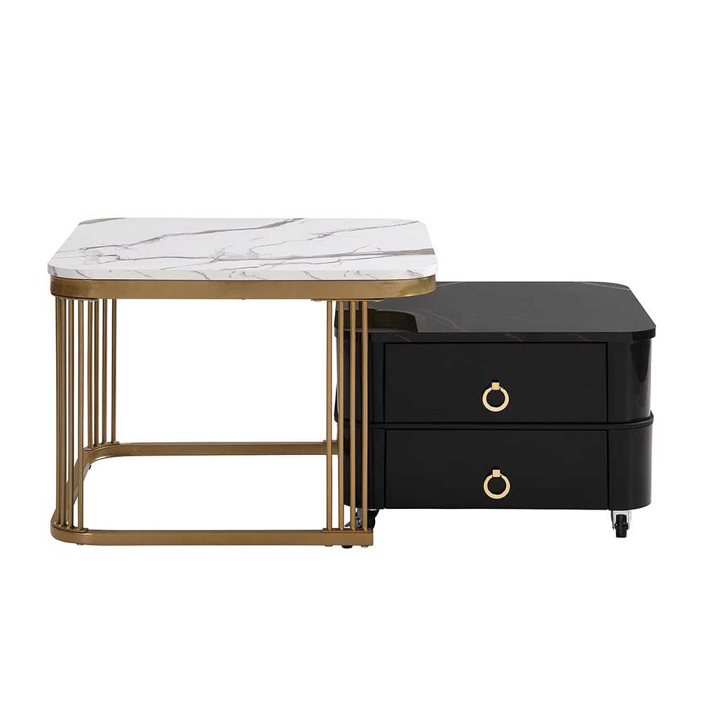 Table basse empilable noire lot de 2 avec plateau effet marbre brillant et tiroirs