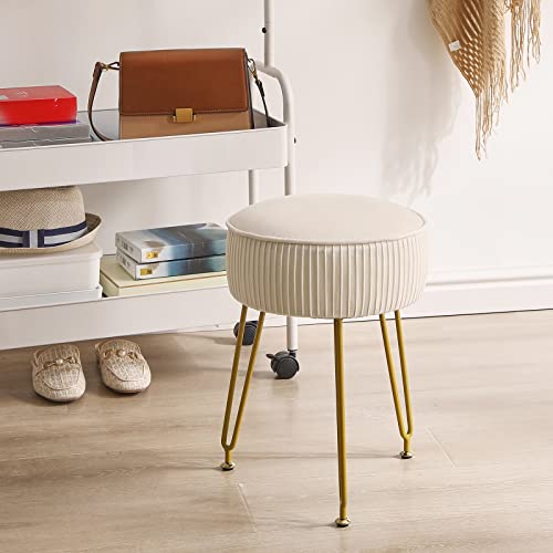 Miniatura 7 de Ibuyke Reposapiés Redondo De Terciopelo, Taburete De Tocador De Maquillaje, Asiento De Sofá Puf, Patas De Acero Dorado, Blanco Crema L G-30m