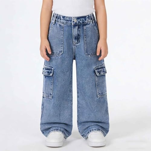 Pantalones cargo de mezclilla para niñas con bolsillo y cintura elástica 3