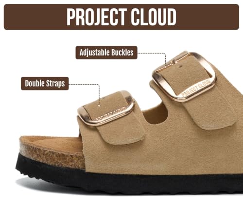 Image of Project Cloud Kids Sandals 100% Genuine Leather - Natural Cork Footbed Non-Slip Slides for Kids - Lightweight Boys & Girls Sandals - Water-Resistant Girls & Boys Sandals
