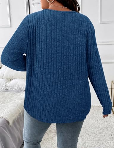 Image of Koscacy Women Plus Size Casual Knit Sweater with Pocket V Neck Solid Color Tops Lightweight Long Sleeve Blouses