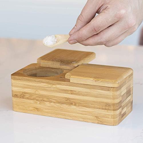 Bamboo Spice Salt & Pepper Box | Magnetic Hinged Pot Includes 2 Spoons | 2 Part Sectioned Wood Salt Pig for Herbs & Spices | M&W