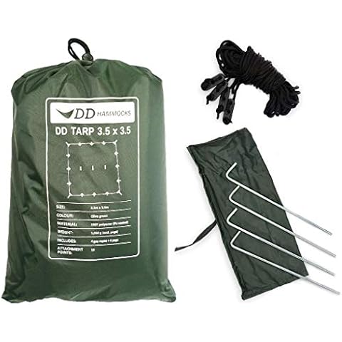 DD Hammocks Tarp 3.5 x 3.5 - Olive Green (11.5ft x 11.5ft) - 100% Waterproof - Lightweight & Multifunctional Large Rainfly Tarp Tent Shelter for Camping Bushcraft & Survival Adventure Cover