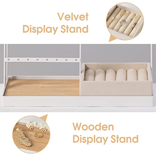 Jewelry Organizer Stand with Velvet Ring Holder, 4 Tier Jewelry Tower with 15 Hooks Necklace Organizer and Watch Bracket Holder, Jewelry Stand with 16 Holes for Earring Organizer Holder, White - Thumbnail 3