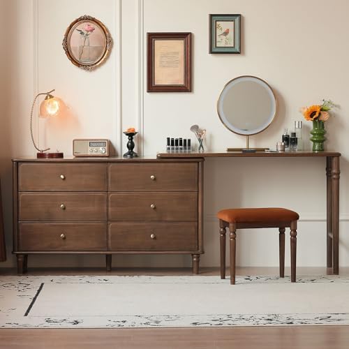 YESWOOD Large Vanity Desk with 6 Storage Dresser, North America Black Walnut Wood Adjustale Makeup Table for Girls, Vanity Set for Bedroom, Barthroom, 97" D x 16" W x 31" H（no Chair no Mirror）