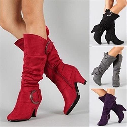 YDYCG Woman Shoes Large Size 34-44 Knee High Boots Women Faux Suede Buckle Fashion Spike Heels (Color : Gray, Shoe Size : 7.5)3