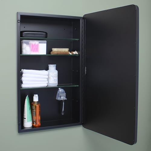 Image of 16x26 Austin Farmhouse Metal Framed Rounded Rectangle Recessed Bathroom Medicine Cabinet, Beveled Mirror, 14x24 in-Wall Opening, powder-coated Steel, Adjustable Glass Shelves, Magnet Close, Black