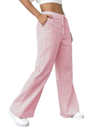 2025 Casual Women's Drawstring Striped Pants with Pockets, Elastic Waist Loose Striped Wide Leg Lounge Trousers
