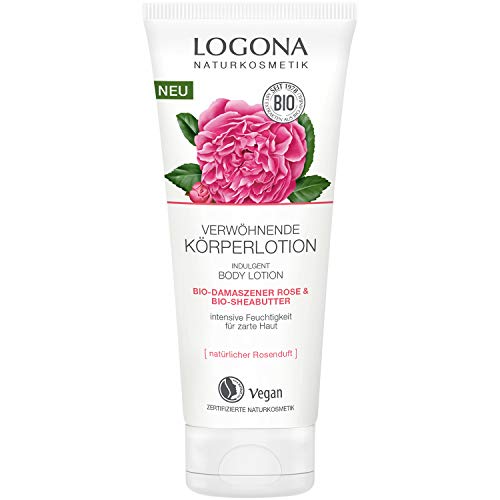 Preisvergleich Produktbild LOGONA Naturkosmetik Verwöhnende Körperlotion Bio-Damaszner Rose & Bio-Sheabutter, Feuchtigkeitsspenende Creme für weiche Haut, Schützt vor dem Austrocknen, Vegan, 200ml