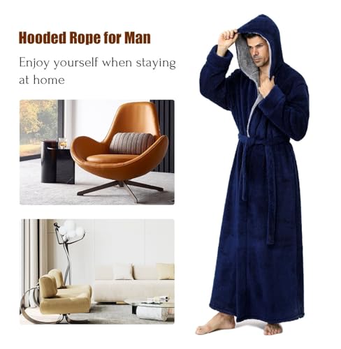 Men's Plush Hooded Robe with Pockets - Long Fleece Bathrobe, Warm Winter Shawl Collar Housecoat, Sizes M-XXL, Navy Blue3
