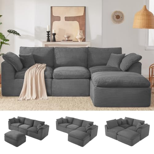 Image of 112 inch Cloud Sectional Couch, Boneless Couches for Living Room, L Shaped Couch with Convertible Ottoman, Modular Sectional Sofa with Deep Seat, Comfy Soft Cushions, No Assembly, Gray