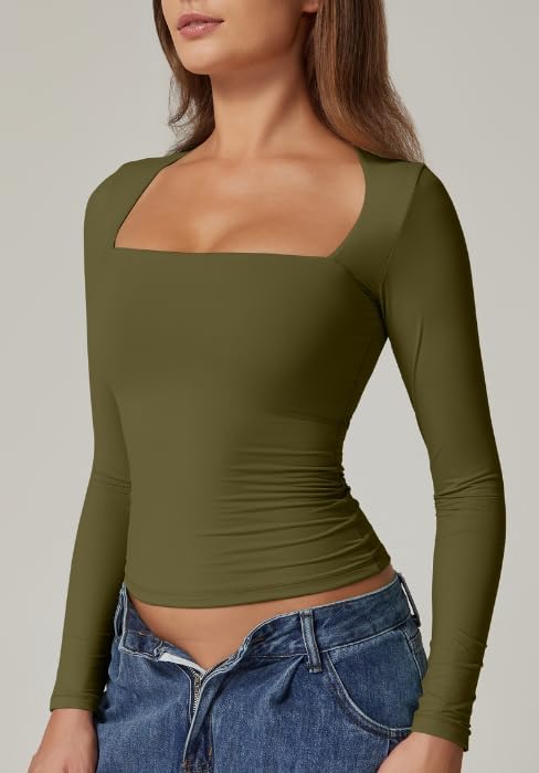 QINSEN Women's Sexy Square Neck Shirt Long Sleeve Double Lined Tees Fitted Going Out Tops - Image 4