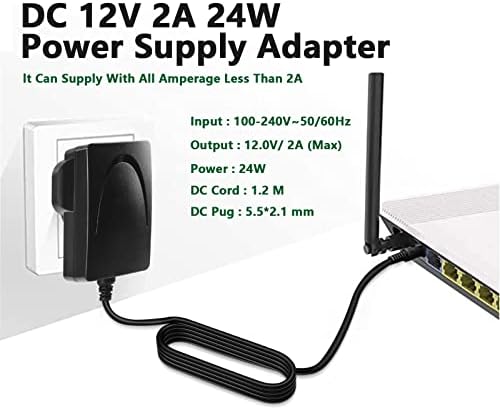 12V 2A Power Supply Adapter, AC/DC Adapter 100-240v 50/60hz to 12V, 5.5 x 2.1mm Jack Power Adapter for WIFI IP CCTV Camera, LED Strip Lights, Audio/Video, Wireless Router,TV Box,Black,1.2M(Certified)