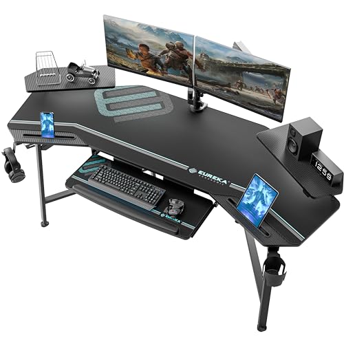 EUREKA ERGONOMIC Aero Gaming Desk with Led Lights, 72″ Large Wing-Shaped Studio Desk W Keyboard Tray Monitor Stand Dual Headphone Hanger Cup Holder for Live, Streamer