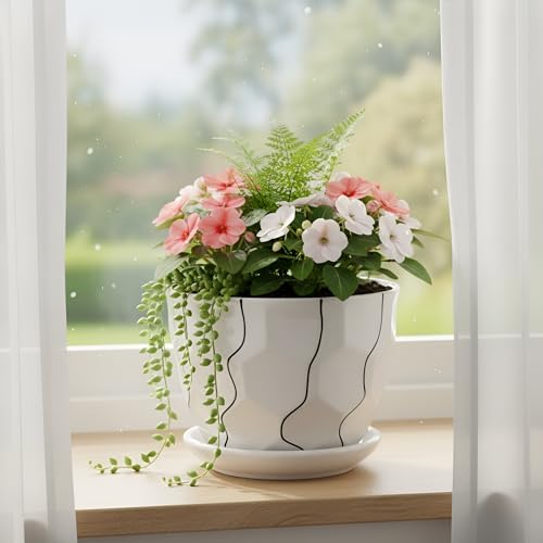 Image of Xtore Graceful Textured Ceramic Planter with Abstract Line Detailing & Drainage Tray | Modern Indoor Plant Pot for Desk, Table & Shelf Styling (Planter only)