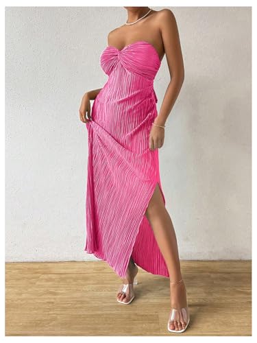Image of Milumia Women's Twist Front Strapless Bodycon Dress Summer Split Thigh Maxi Tube Dresses Vacation Outfits
