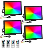 TigQiang 30W RGB Flood Light with Remote & 6.6Ft Cable, Halloween RGB floodlight, IP66 Waterproof Christmas Lighting, 5000K LED Flood Light, Outdoor Color Changing Lights, Uplights for Events, 4 Pack