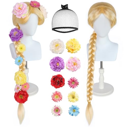 ANOGOL Hair Cap+ 40inch Long Blonde Wig with Braids Princess Hair for Adult Blonde Braided Wigs with Flowers Blond Synthetic Wigs Princess Costume Halloween Party(10 Random Flowers: 5*Large+5*Small)