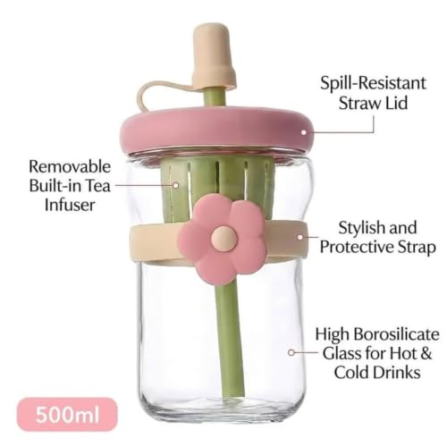 Image of 500ml Glass Sipper Bottle with Flower Band - 1 Pc Multicolor, Built-in Juicer & Straw, Leakproof Lid, Cute Aesthetic Drinkware for Kids & Adult